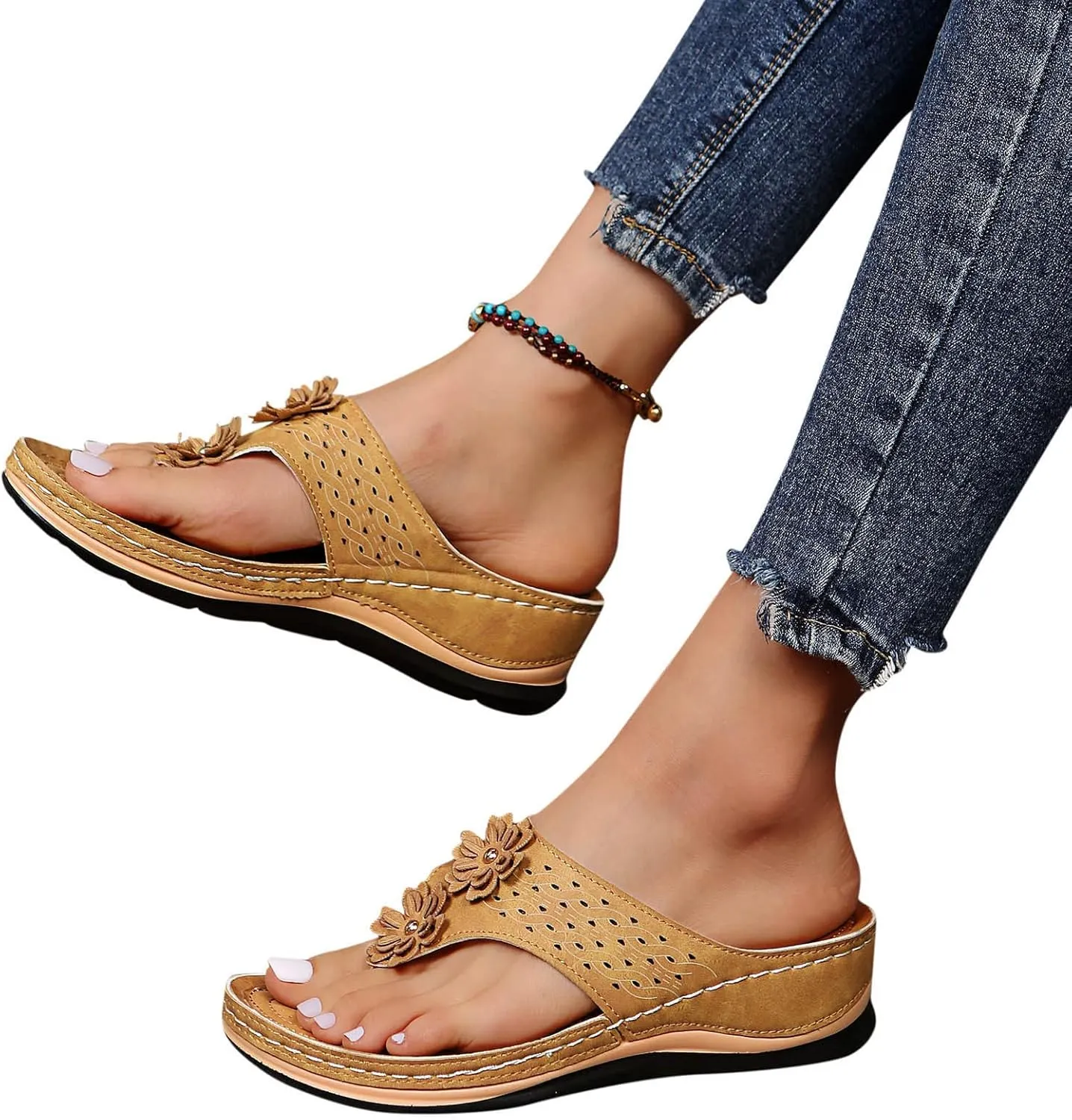 Womens Orthopedic Sandals Summer Casual Flip Flops Arch Support Adjustable Straps Thick Cushion Comfortable Walking Beach Shoes