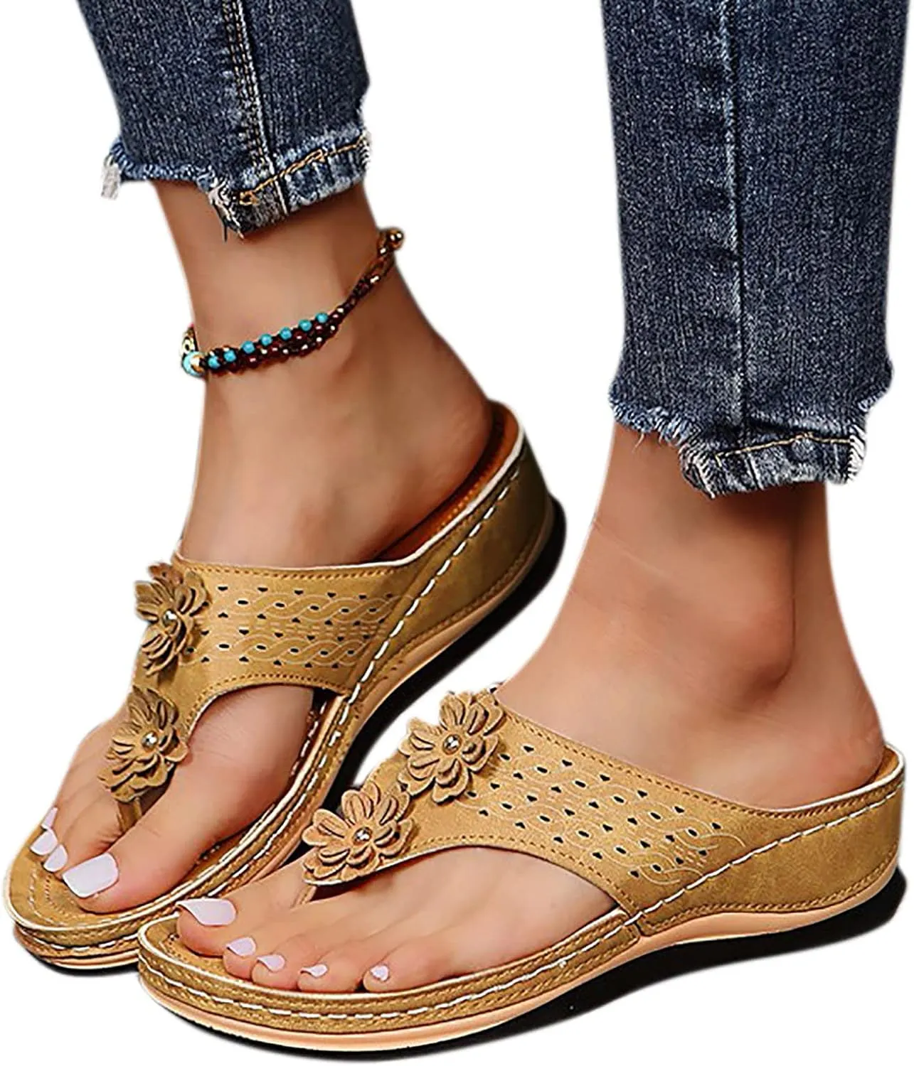 Womens Orthopedic Sandals Summer Casual Flip Flops Arch Support Adjustable Straps Thick Cushion Comfortable Walking Beach Shoes