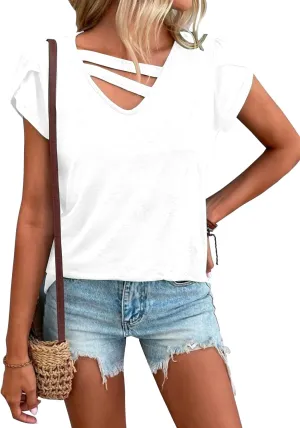 Womens Petal Sleeve Tops Summer Short Sleeve V Neck Cut Out Tee Sexy Casual Basic T Shirts Blouses
