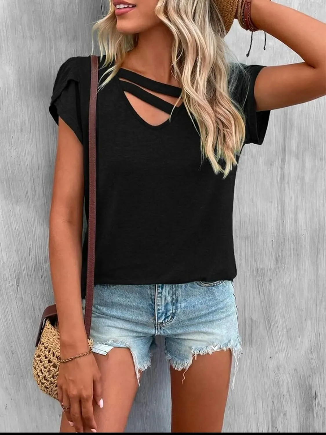 Womens Petal Sleeve Tops Summer Short Sleeve V Neck Cut Out Tee Sexy Casual Basic T Shirts Blouses