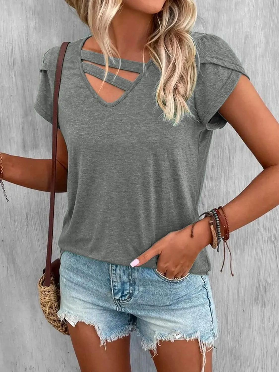Womens Petal Sleeve Tops Summer Short Sleeve V Neck Cut Out Tee Sexy Casual Basic T Shirts Blouses