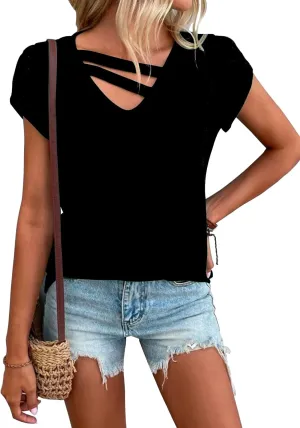 Womens Petal Sleeve Tops Summer Short Sleeve V Neck Cut Out Tee Sexy Casual Basic T Shirts Blouses
