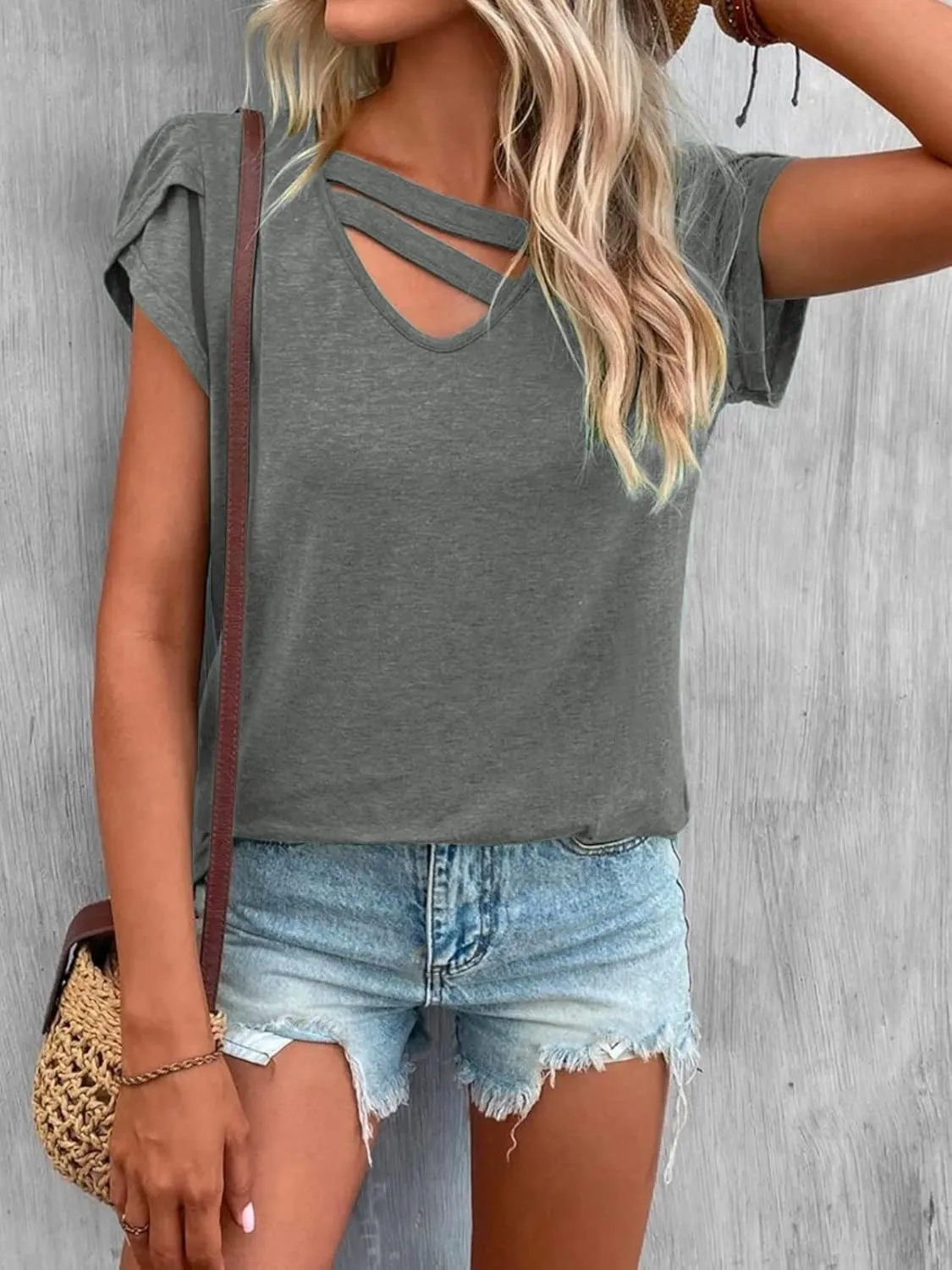 Womens Petal Sleeve Tops Summer Short Sleeve V Neck Cut Out Tee Sexy Casual Basic T Shirts Blouses