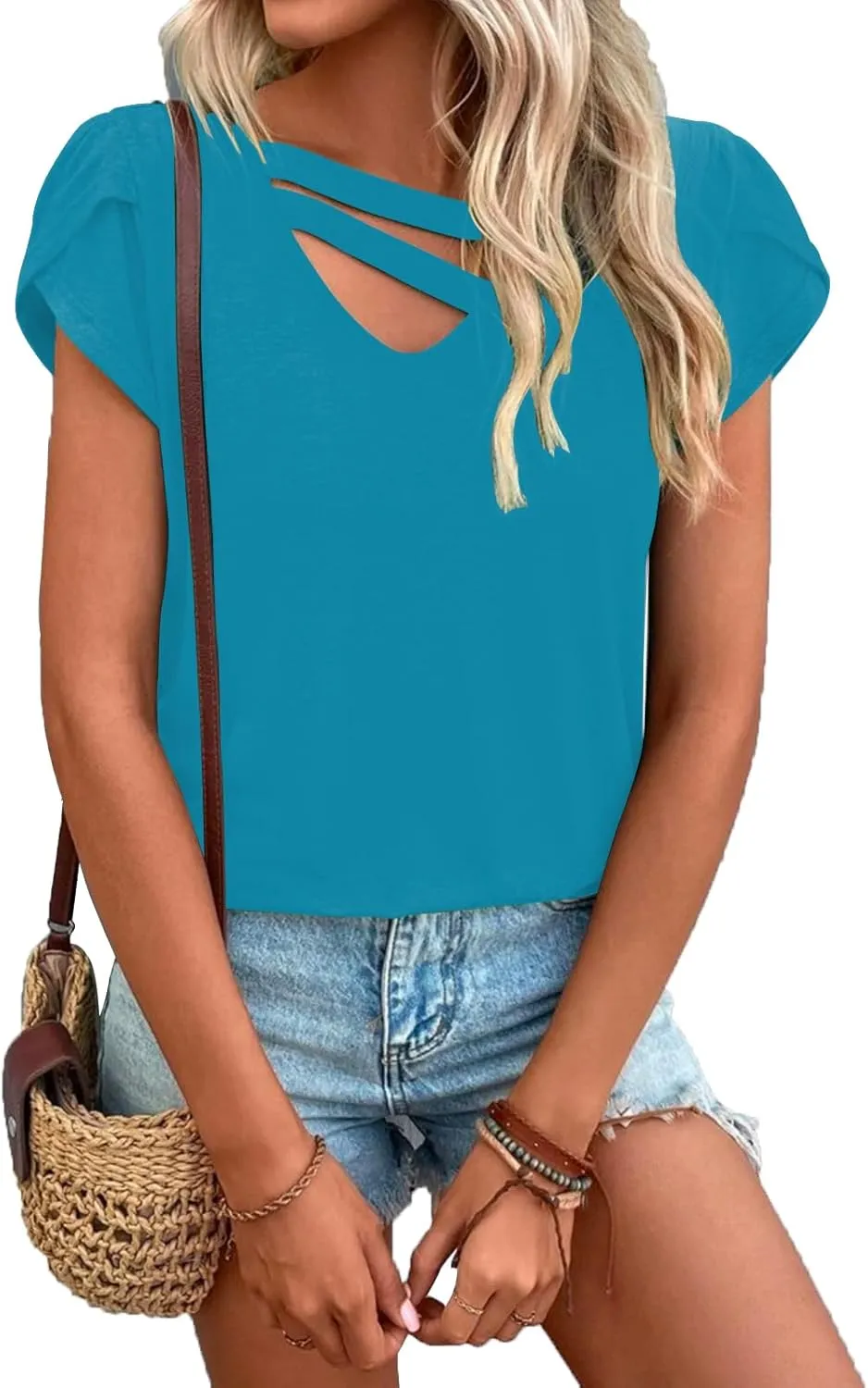 Womens Petal Sleeve Tops Summer Short Sleeve V Neck Cut Out Tee Sexy Casual Basic T Shirts Blouses