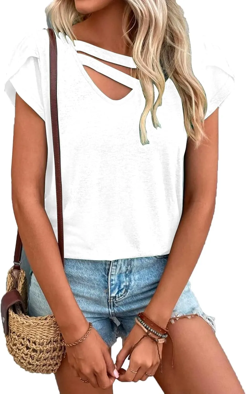 Womens Petal Sleeve Tops Summer Short Sleeve V Neck Cut Out Tee Sexy Casual Basic T Shirts Blouses