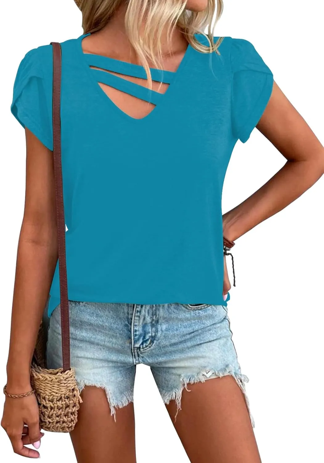 Womens Petal Sleeve Tops Summer Short Sleeve V Neck Cut Out Tee Sexy Casual Basic T Shirts Blouses