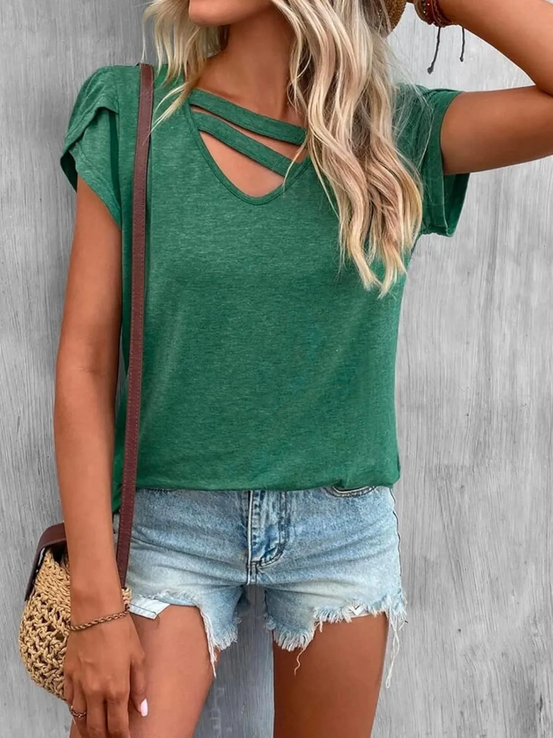 Womens Petal Sleeve Tops Summer Short Sleeve V Neck Cut Out Tee Sexy Casual Basic T Shirts Blouses