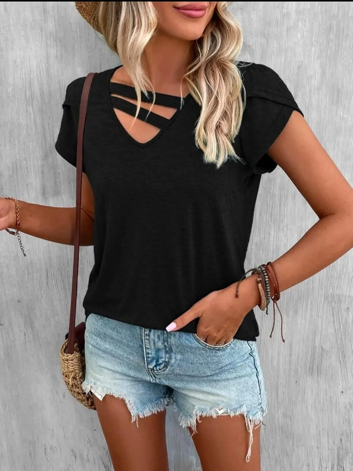 Womens Petal Sleeve Tops Summer Short Sleeve V Neck Cut Out Tee Sexy Casual Basic T Shirts Blouses