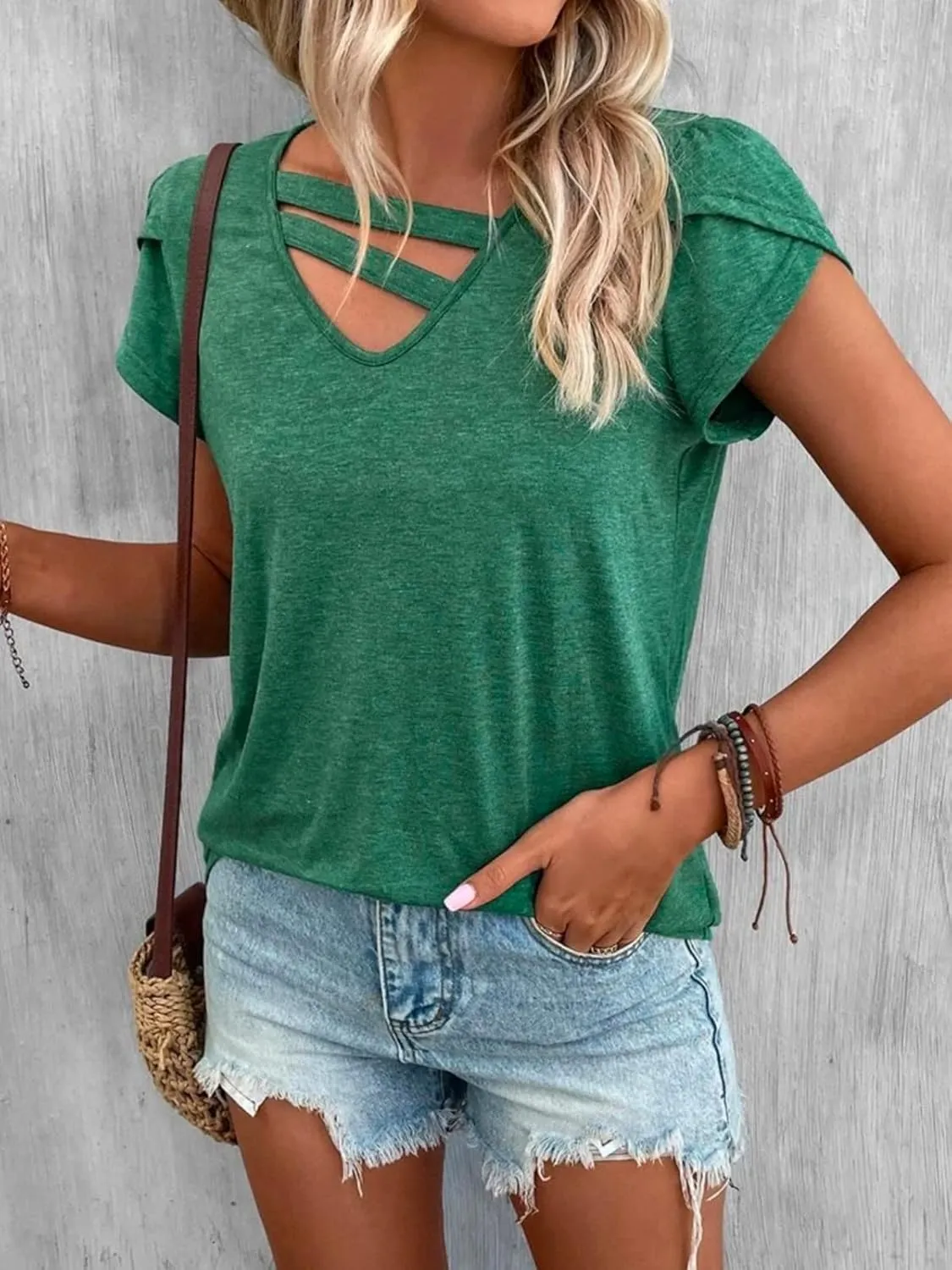 Womens Petal Sleeve Tops Summer Short Sleeve V Neck Cut Out Tee Sexy Casual Basic T Shirts Blouses