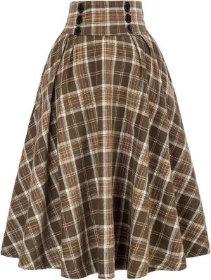 Womens Plaid Skirt for Womens High Waist Aline Pleated Midi Skirts Vintage Skirts A Line Pleated Skirt