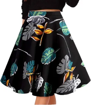 Women's Pleated Vintage Skirts Floral Print Casual Midi Skirt
