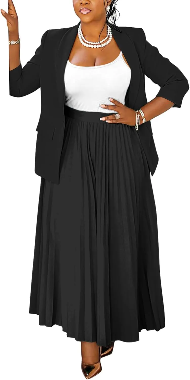 Women's Plus Size 2 Piece Outfits Casual Open Front Blazer and High Waist Pleated Maxi Skirt Sets Business Suits