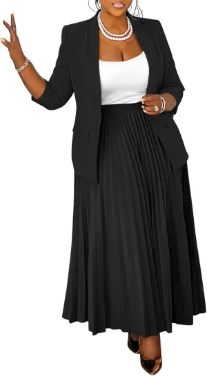 Women's Plus Size 2 Piece Outfits Casual Open Front Blazer and High Waist Pleated Maxi Skirt Sets Business Suits