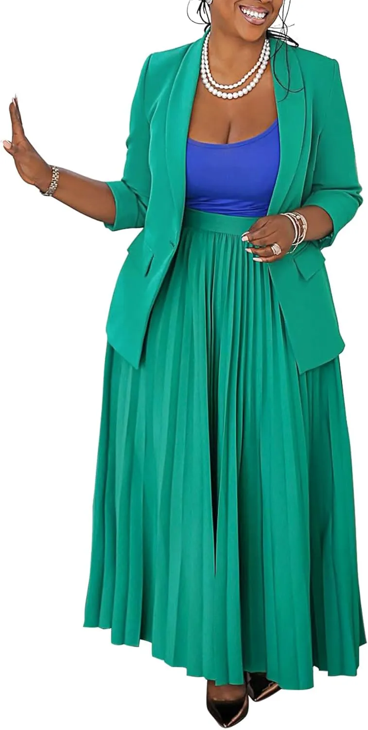 Women's Plus Size 2 Piece Outfits Casual Open Front Blazer and High Waist Pleated Maxi Skirt Sets Business Suits