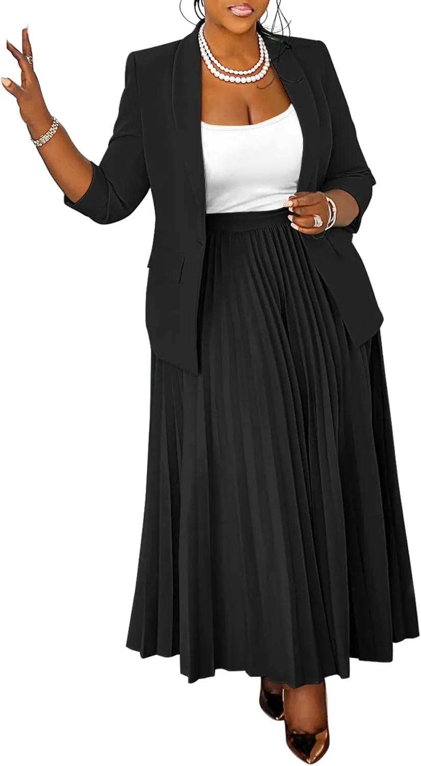 Women's Plus Size 2 Piece Outfits Casual Open Front Blazer and High Waist Pleated Maxi Skirt Sets Business Suits