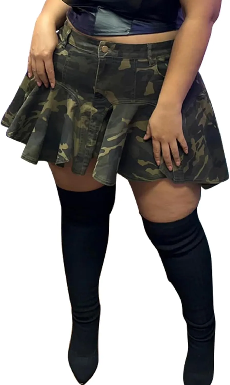 Women's Plus Size Denim Mini Skirts Casual Summer High Waisted Ruffle Hem Jean Short Skirts with Pockets