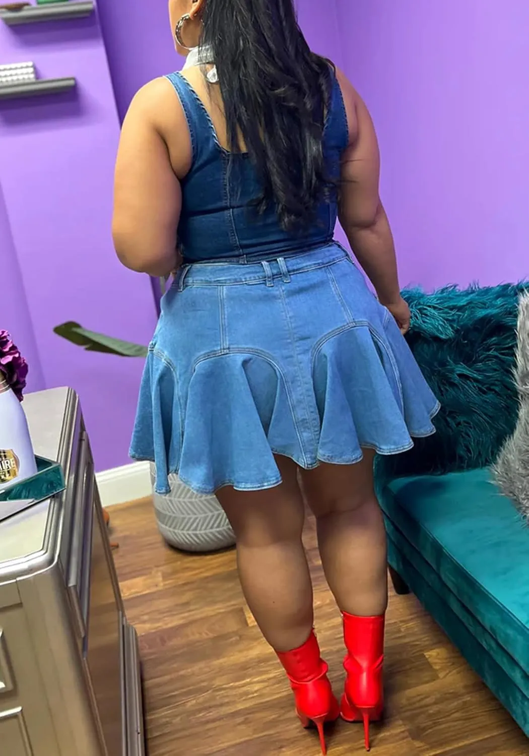 Women's Plus Size Denim Mini Skirts Casual Summer High Waisted Ruffle Hem Jean Short Skirts with Pockets