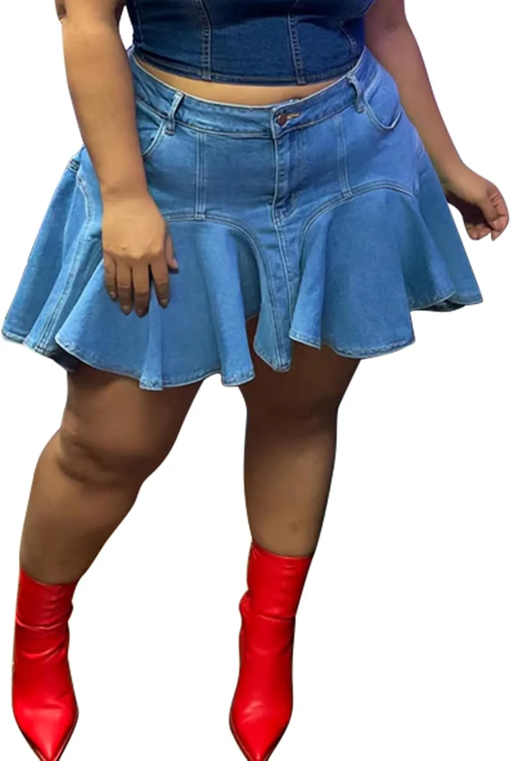 Women's Plus Size Denim Mini Skirts Casual Summer High Waisted Ruffle Hem Jean Short Skirts with Pockets