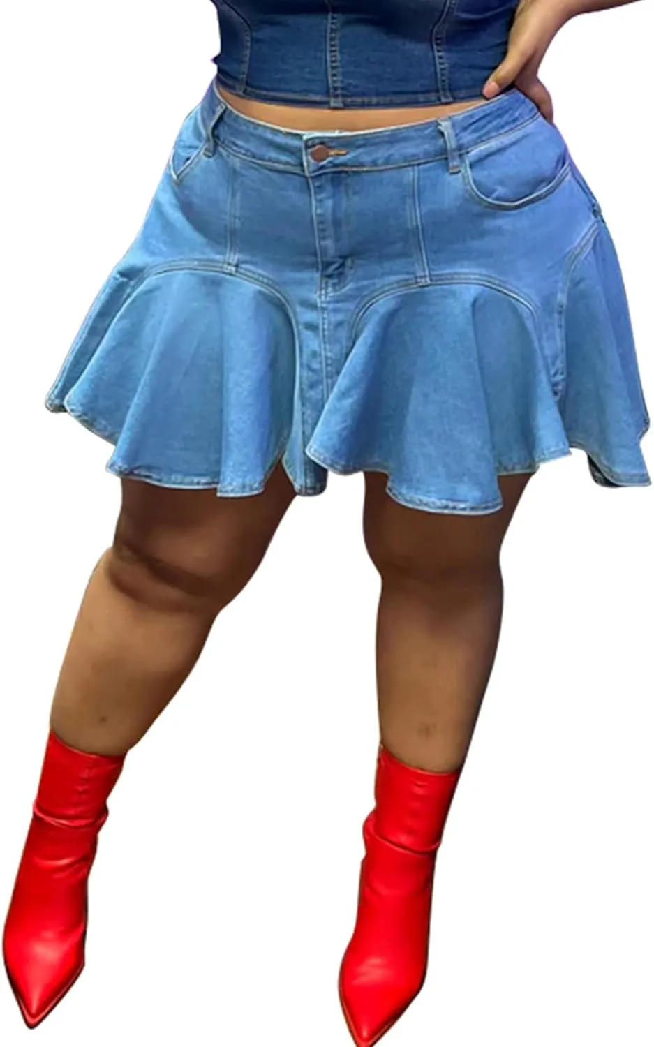 Women's Plus Size Denim Mini Skirts Casual Summer High Waisted Ruffle Hem Jean Short Skirts with Pockets