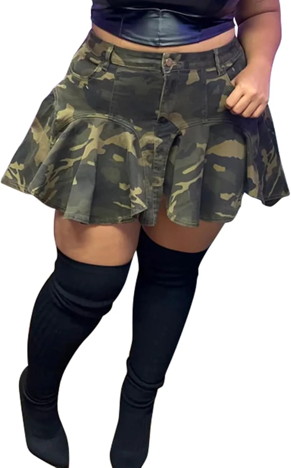 Women's Plus Size Denim Mini Skirts Casual Summer High Waisted Ruffle Hem Jean Short Skirts with Pockets