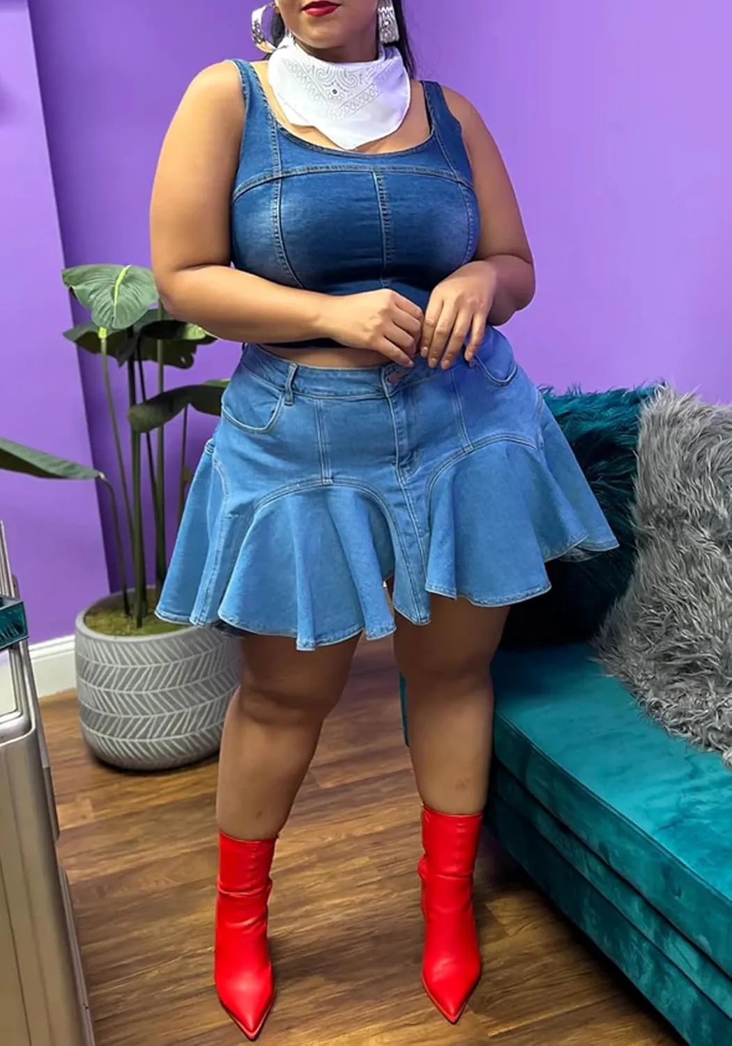 Women's Plus Size Denim Mini Skirts Casual Summer High Waisted Ruffle Hem Jean Short Skirts with Pockets