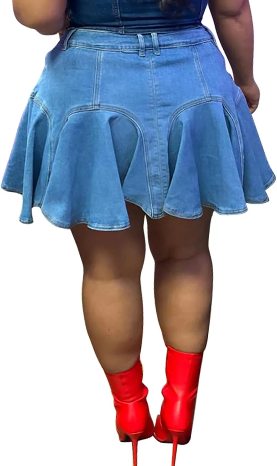 Women's Plus Size Denim Mini Skirts Casual Summer High Waisted Ruffle Hem Jean Short Skirts with Pockets
