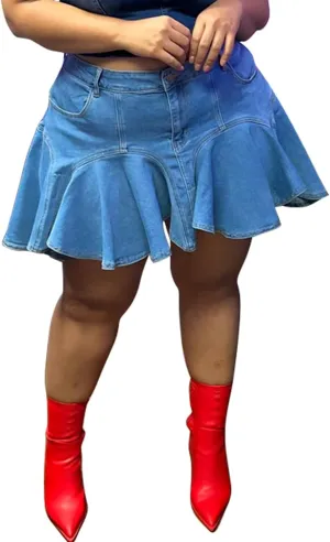 Women's Plus Size Denim Mini Skirts Casual Summer High Waisted Ruffle Hem Jean Short Skirts with Pockets