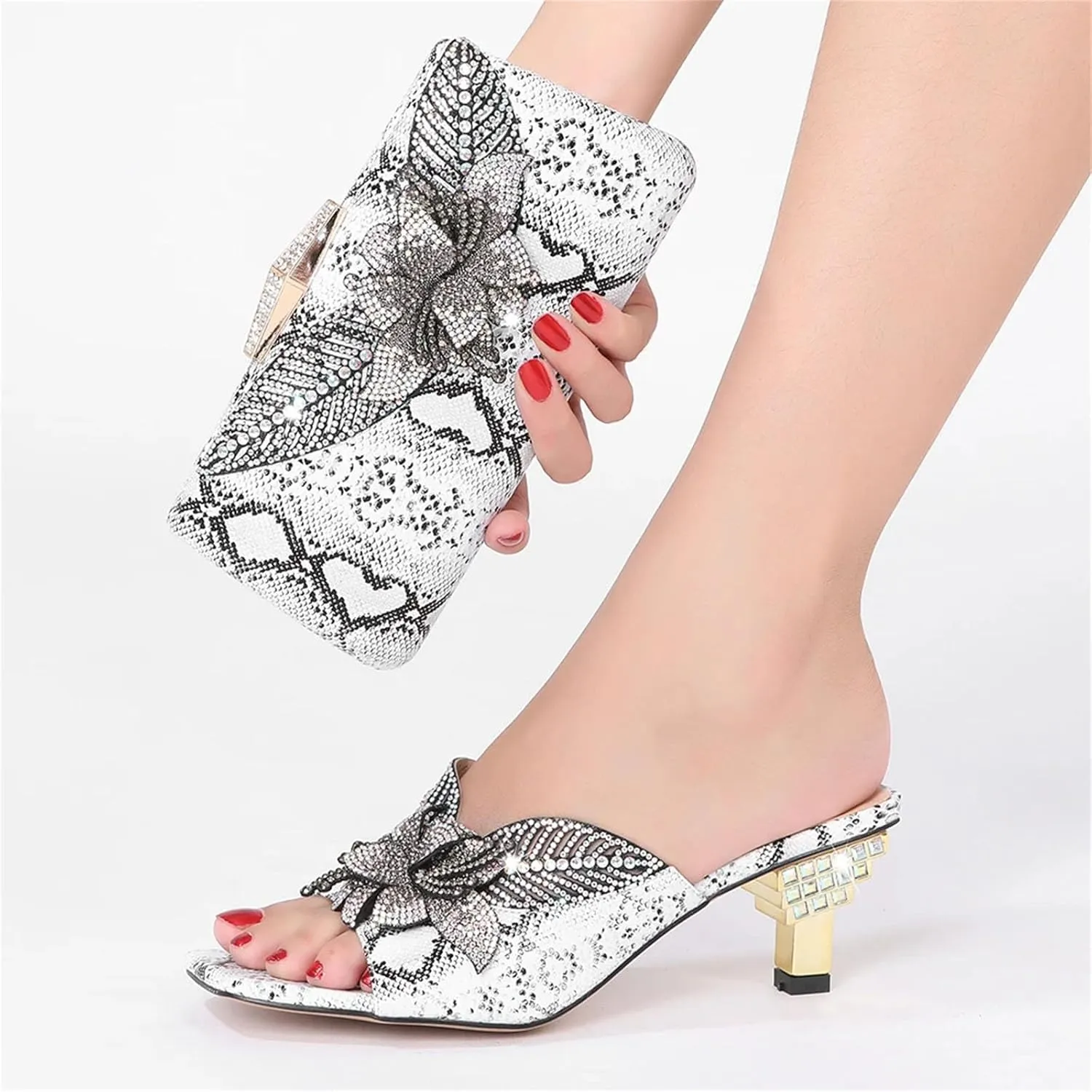 Women's Rhinestone Clutch High Heel Slippers Crystal Flower Large Size Slippers Shoe Bag Set Purse for Wedding Party