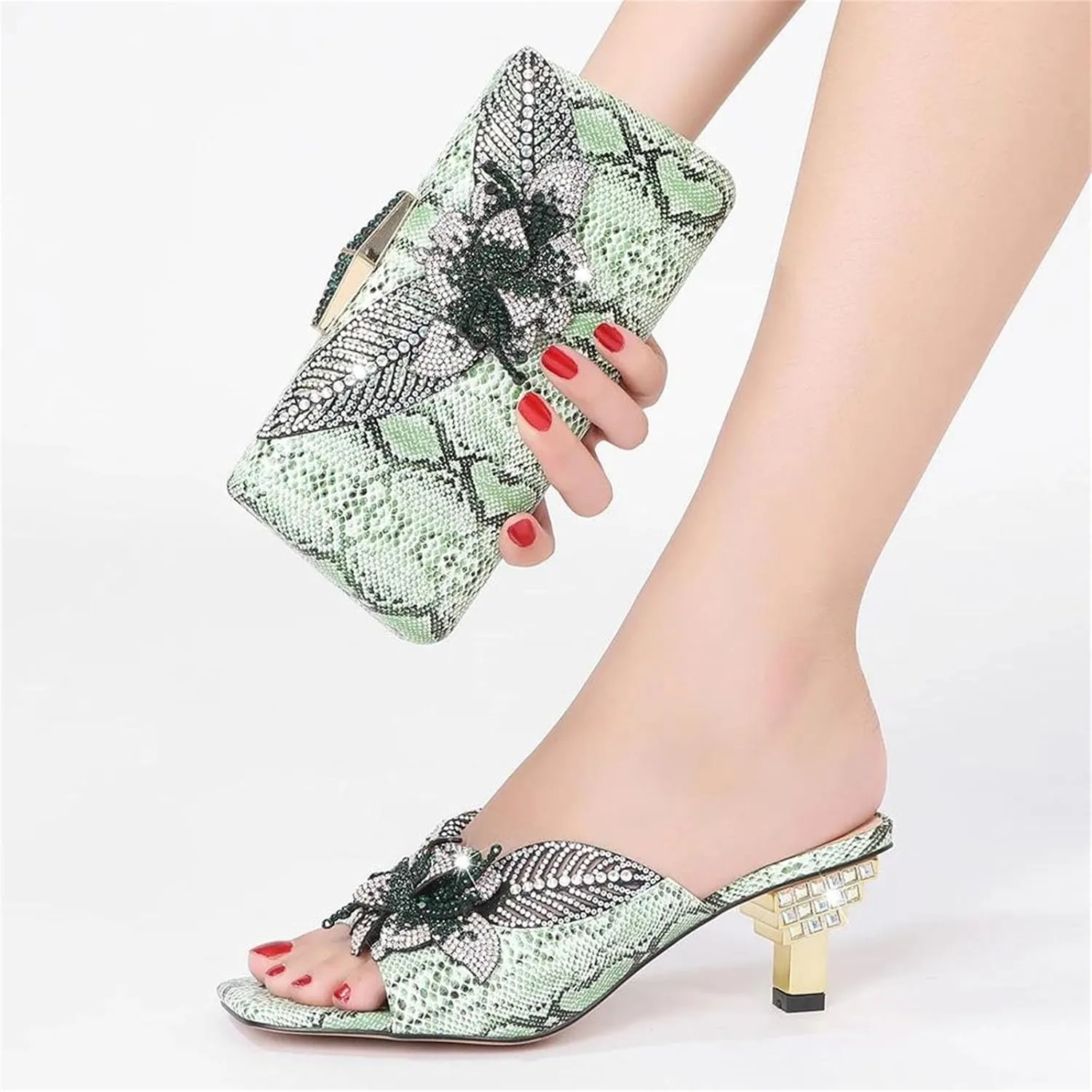 Women's Rhinestone Clutch High Heel Slippers Crystal Flower Large Size Slippers Shoe Bag Set Purse for Wedding Party
