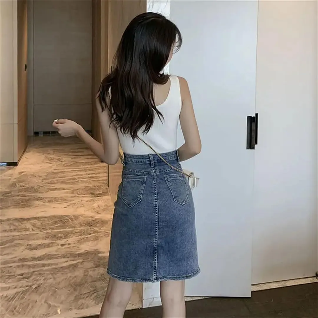 Women's Ripped Jeans Skirts Midi with Slit Denim Skirt A Line Summer V Vintage Harajuku Casual Skirt