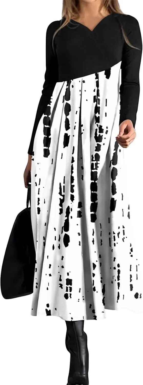 Womens Spring Fashion 2025 Dress Long Sleeve Midi V Neck Work Cute Teens Elegant Western Swing Dress