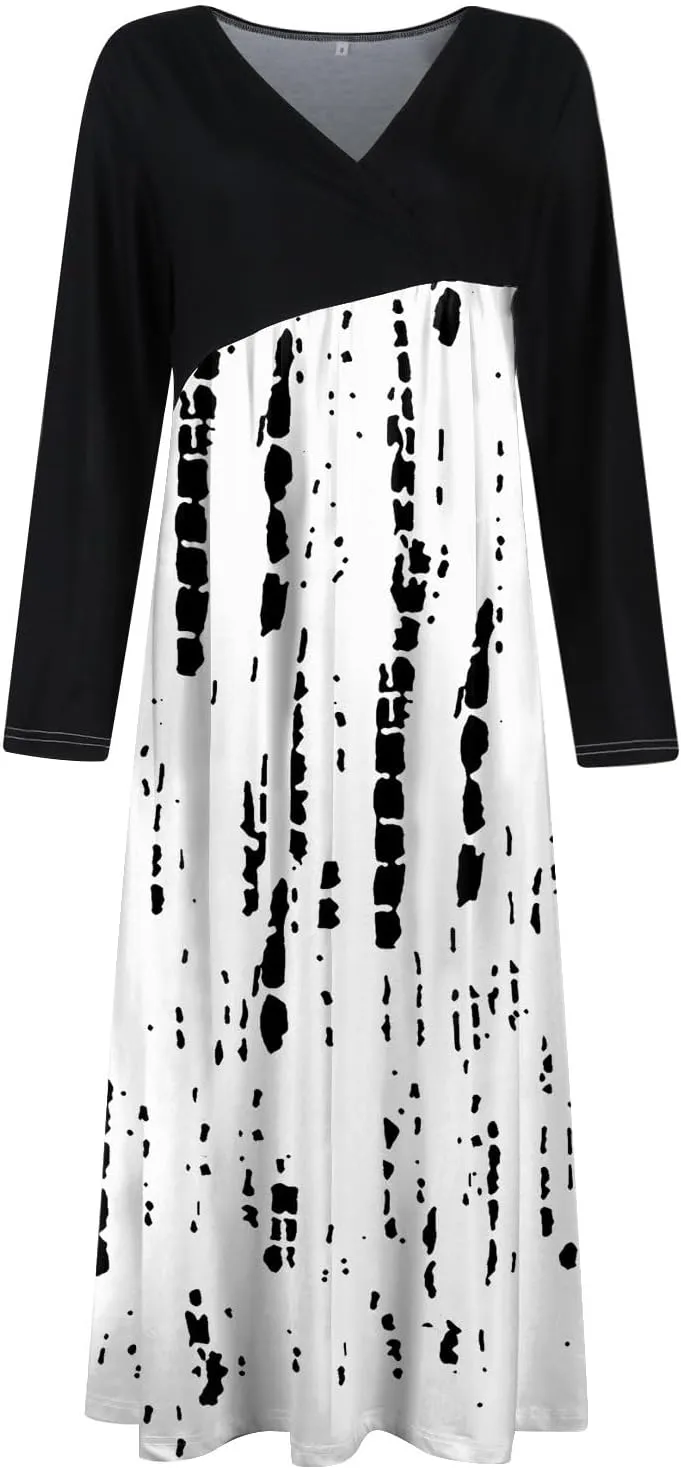 Womens Spring Fashion 2025 Dress Long Sleeve Midi V Neck Work Cute Teens Elegant Western Swing Dress