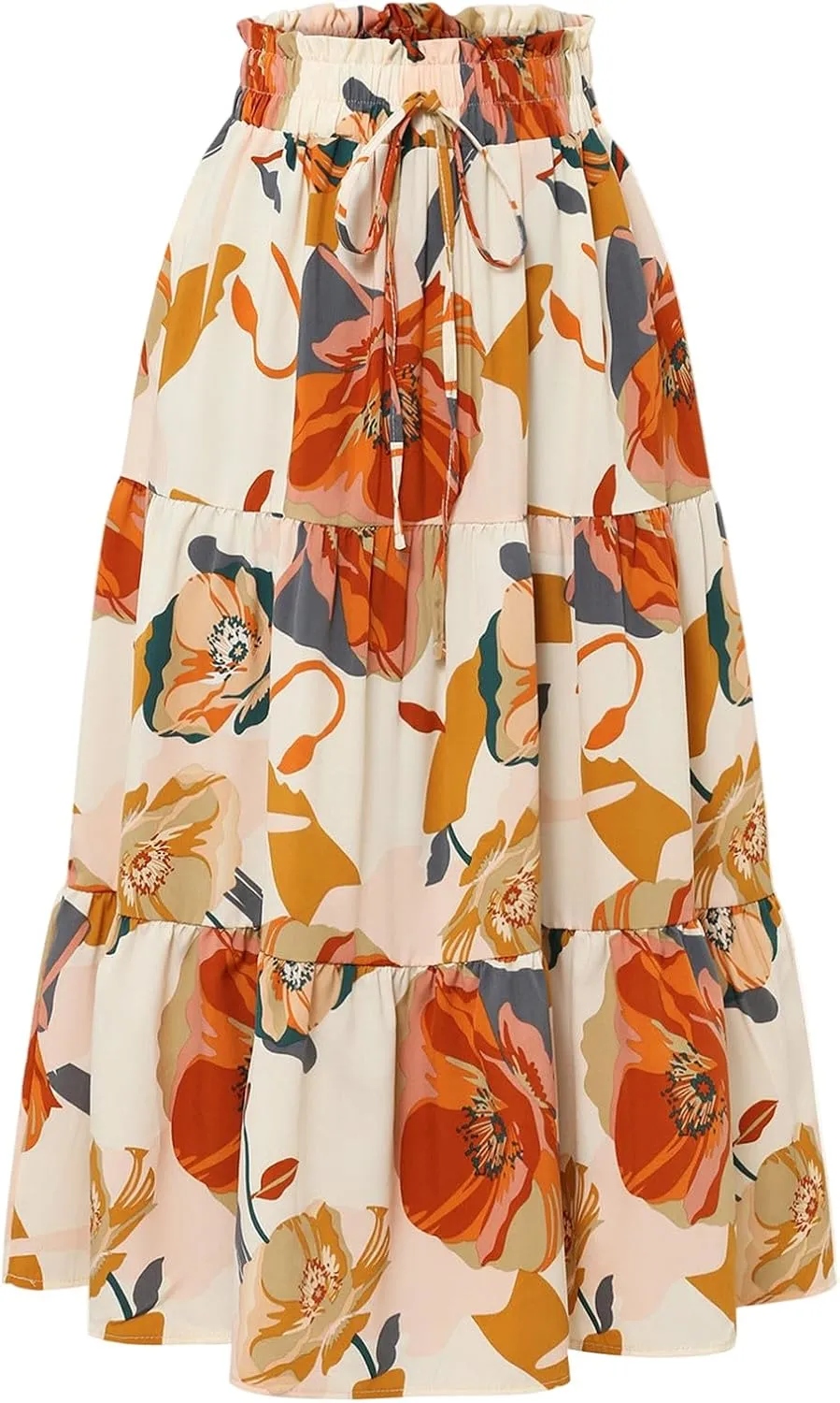 Womens Summer Casual A-Line Long Skirt Tiered High Waist Beach Outfits Elastic Waist Bohemian Print Maxi Skirt