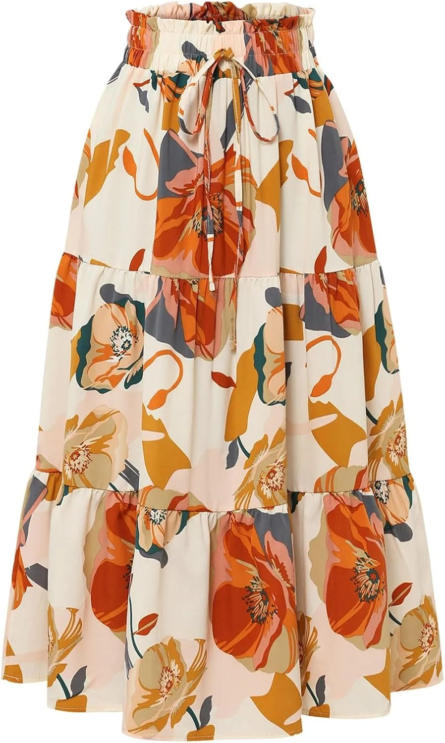 Womens Summer Casual A-Line Long Skirt Tiered High Waist Beach Outfits Elastic Waist Bohemian Print Maxi Skirt