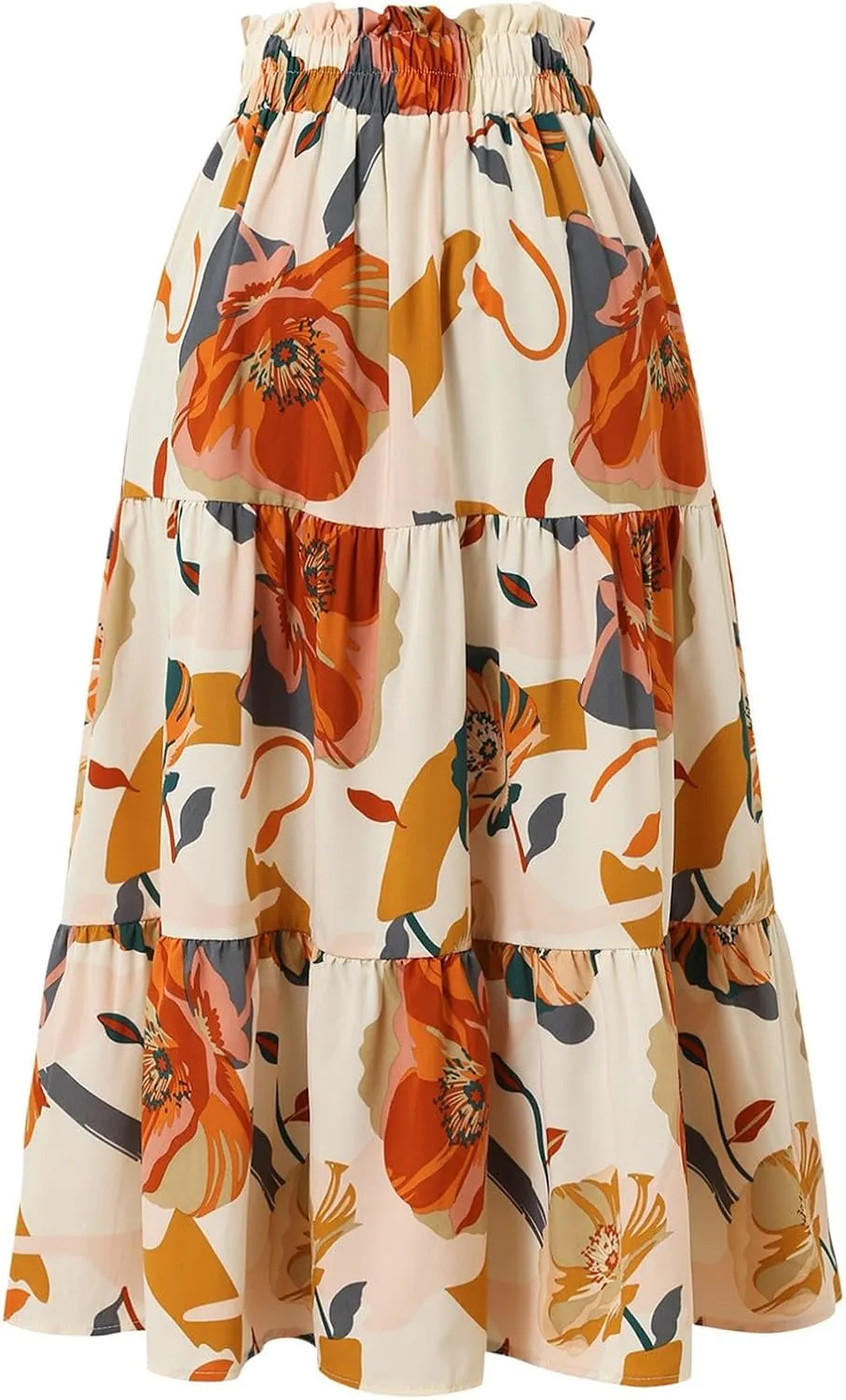 Womens Summer Casual A-Line Long Skirt Tiered High Waist Beach Outfits Elastic Waist Bohemian Print Maxi Skirt