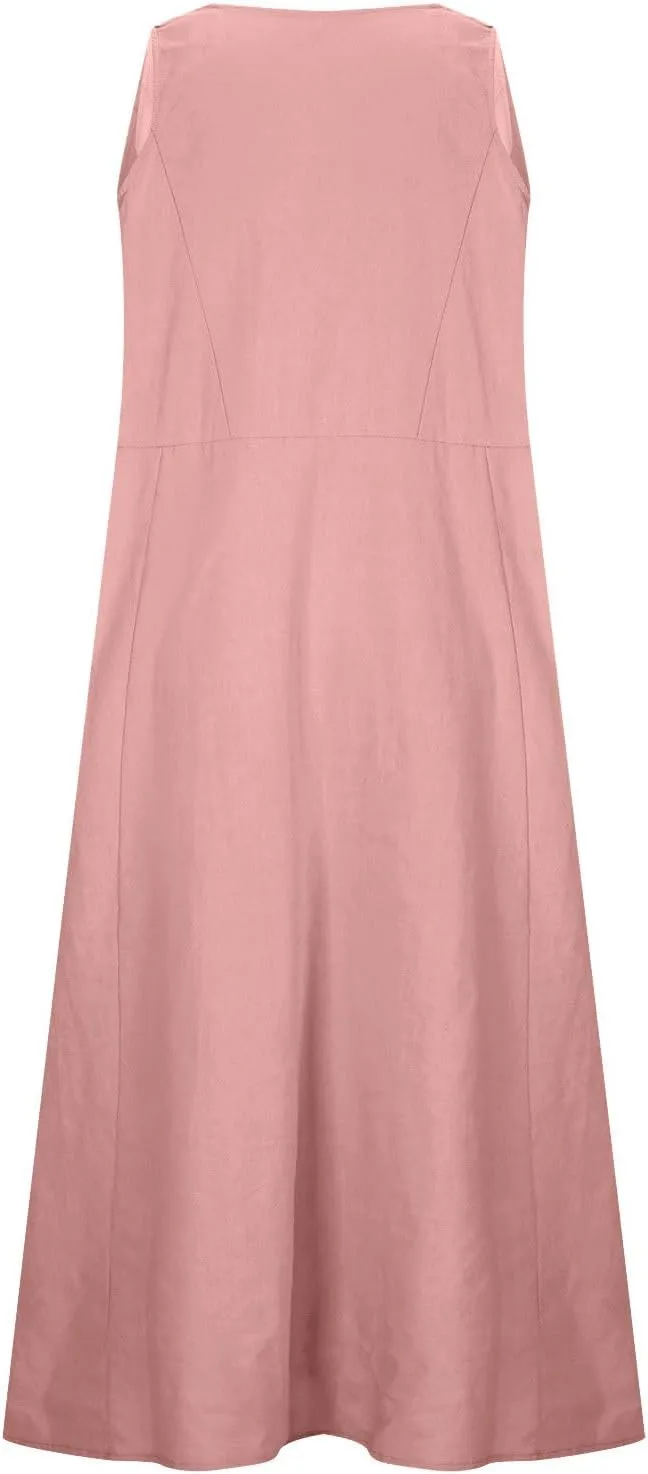 Womens Summer Cotton Linen Long Dress Loose Fit Sleeveless Flowy Dresses 2025 Plus Size Casual Dress with Pockets