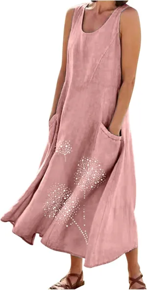 Womens Summer Cotton Linen Long Dress Loose Fit Sleeveless Flowy Dresses 2025 Plus Size Casual Dress with Pockets