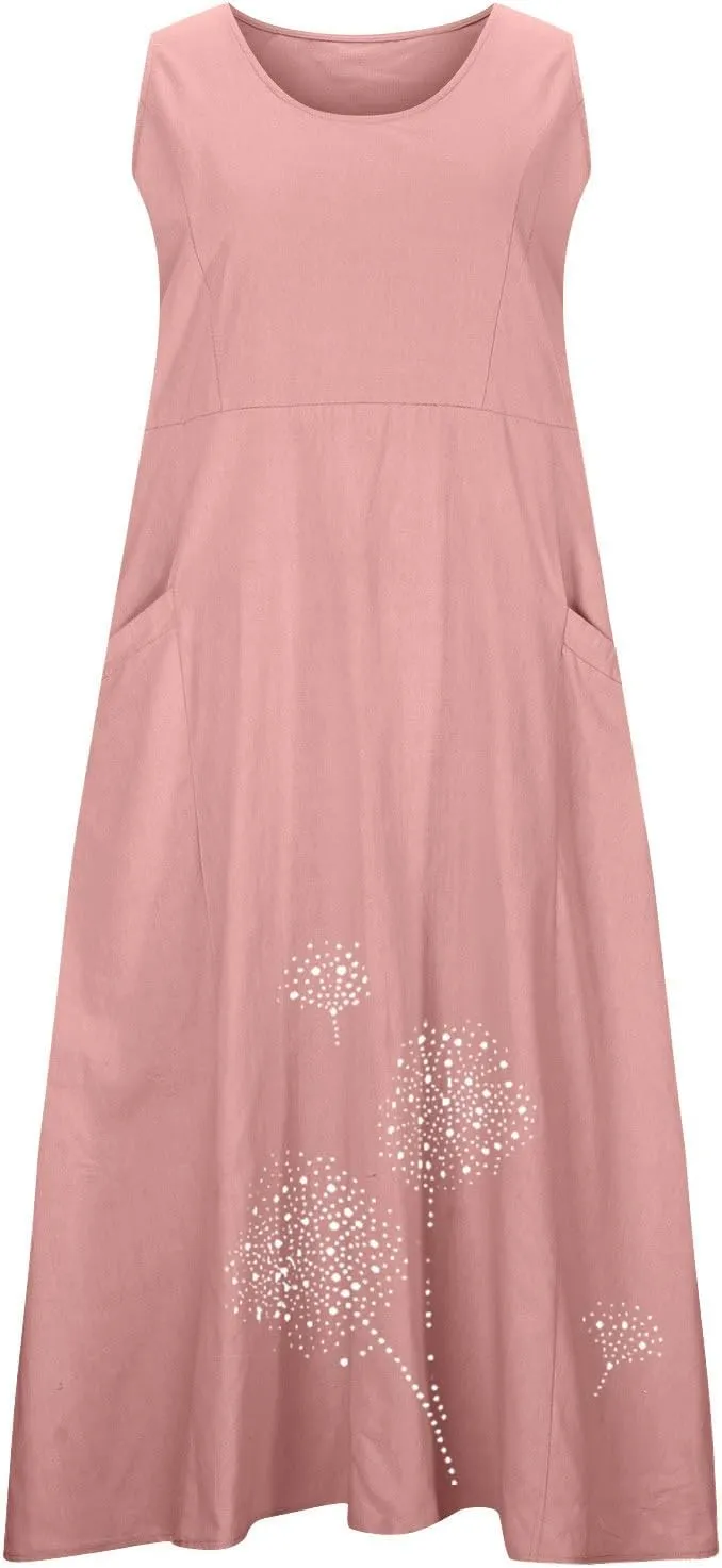 Womens Summer Cotton Linen Long Dress Loose Fit Sleeveless Flowy Dresses 2025 Plus Size Casual Dress with Pockets