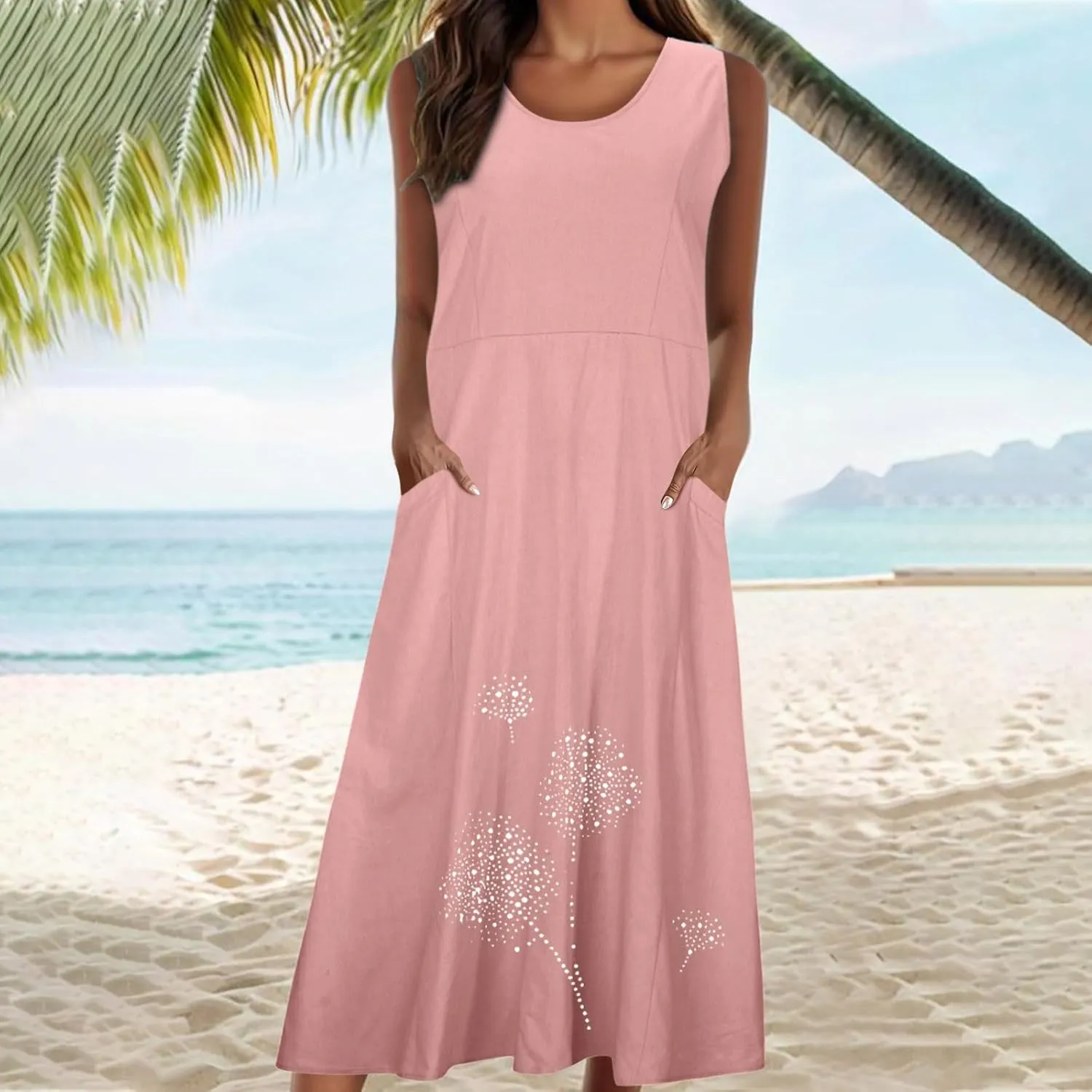 Womens Summer Cotton Linen Long Dress Loose Fit Sleeveless Flowy Dresses 2025 Plus Size Casual Dress with Pockets