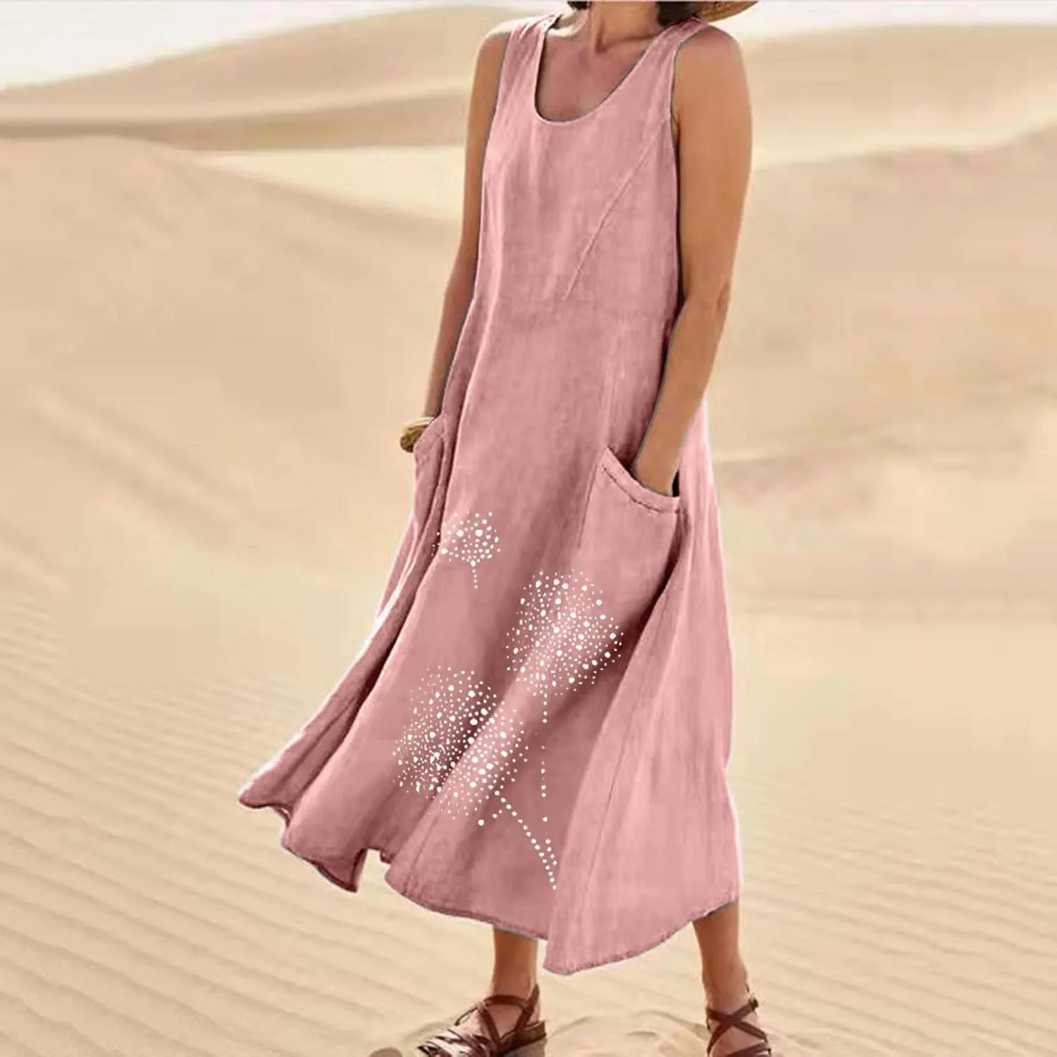 Womens Summer Cotton Linen Long Dress Loose Fit Sleeveless Flowy Dresses 2025 Plus Size Casual Dress with Pockets