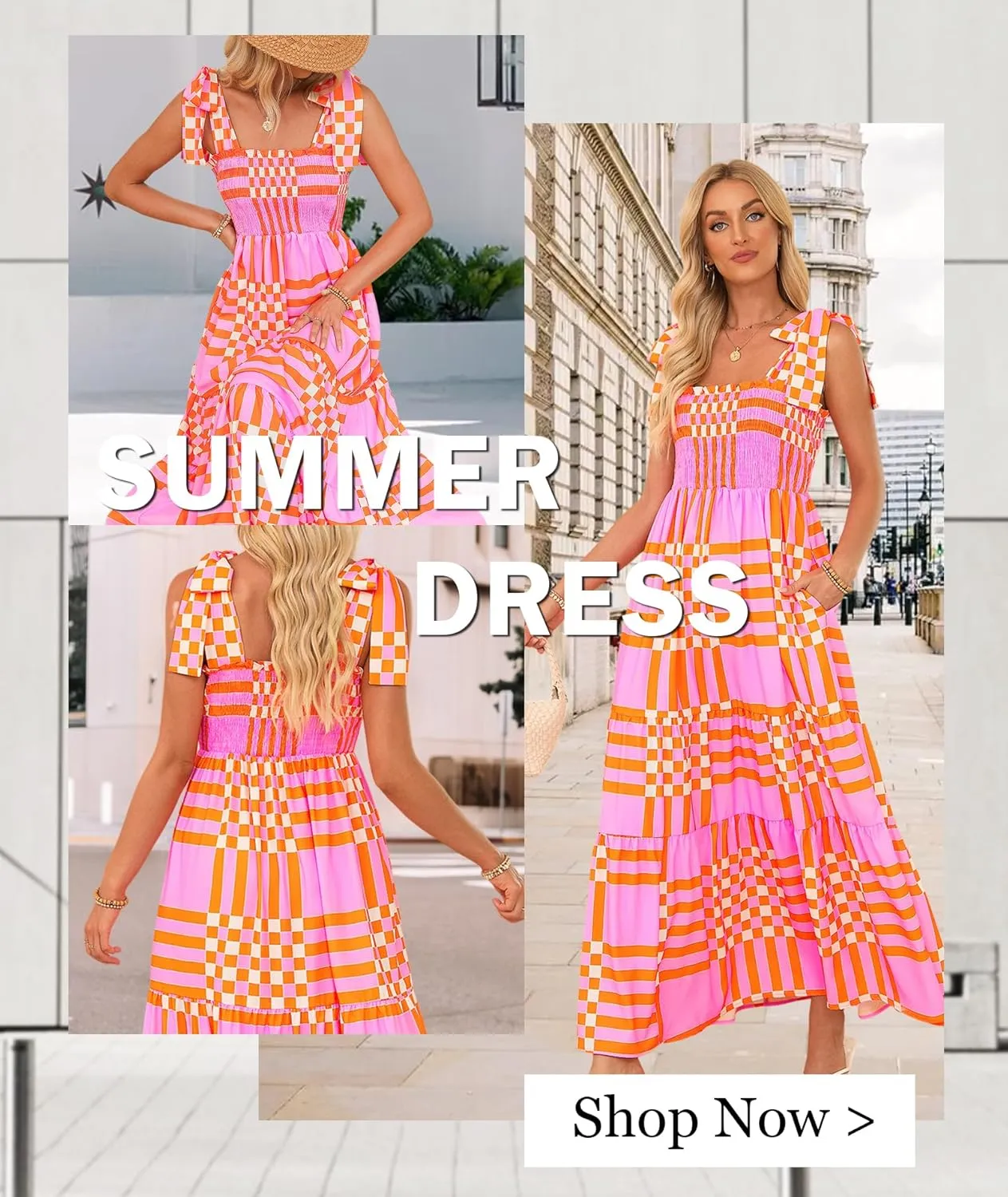 Women's Summer Maxi Dress Boho Spaghetti Straps Casual Long A-line Smocked Beach Dress Square Neck Flowy Sun Dress