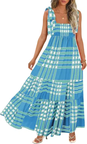 Women's Summer Maxi Dress Boho Spaghetti Straps Casual Long A-line Smocked Beach Dress Square Neck Flowy Sun Dress