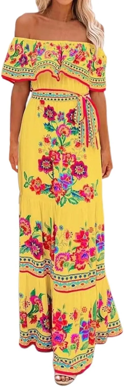 Women's Summer Off The Shoulder Maxi Dress Ruffle Strapless Boho Casual Loose Long Holiday Dresses for Women