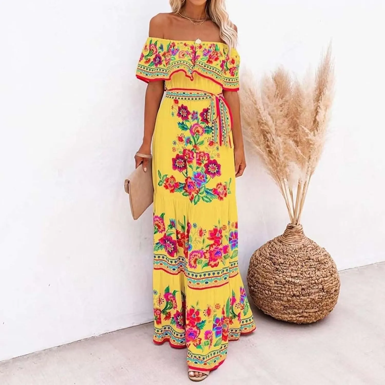 Women's Summer Off The Shoulder Maxi Dress Ruffle Strapless Boho Casual Loose Long Holiday Dresses for Women