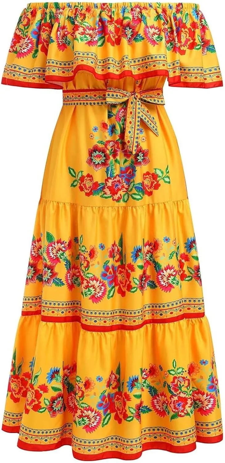 Women's Summer Off The Shoulder Maxi Dress Ruffle Strapless Boho Casual Loose Long Holiday Dresses for Women