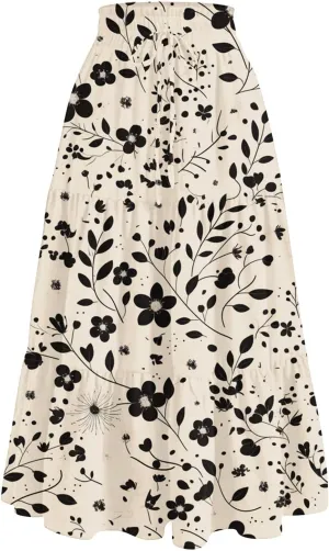 Women's Summer Skirt 2025 Ditzy Floral Print Skirt Boho Stretch High Waist Ruffle Hem Midi Skirts, S-XL