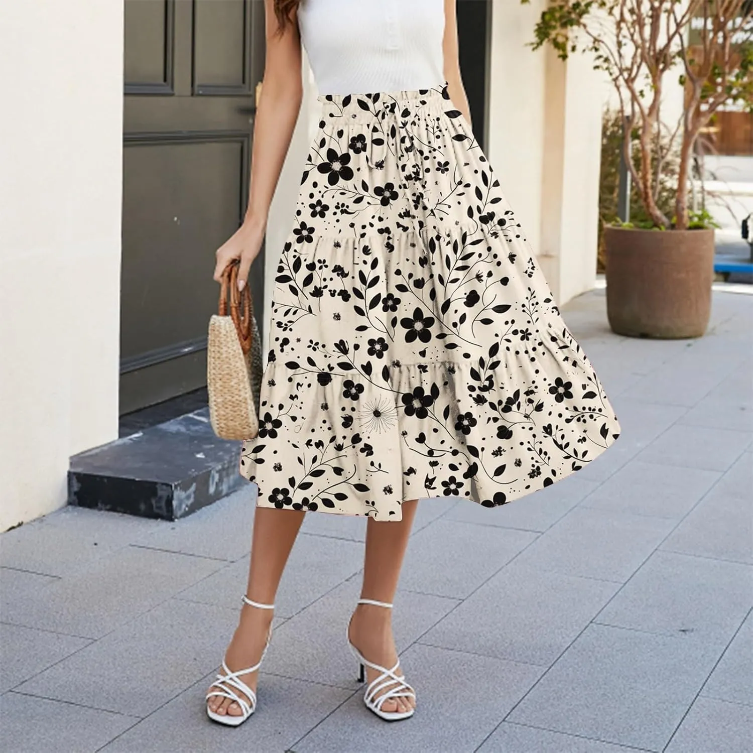 Women's Summer Skirt 2025 Ditzy Floral Print Skirt Boho Stretch High Waist Ruffle Hem Midi Skirts, S-XL