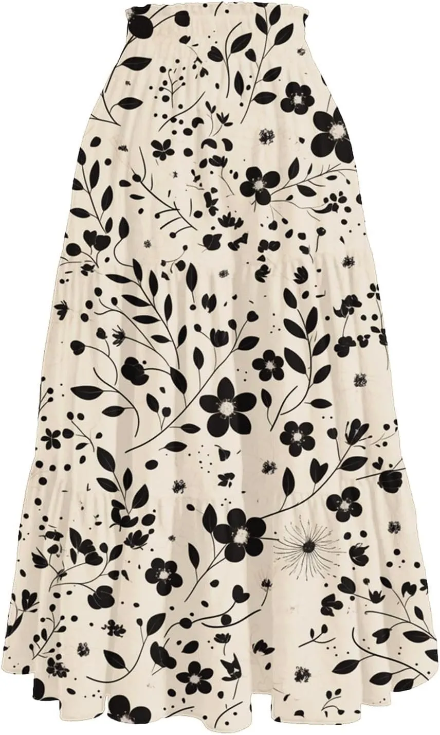 Women's Summer Skirt 2025 Ditzy Floral Print Skirt Boho Stretch High Waist Ruffle Hem Midi Skirts, S-XL
