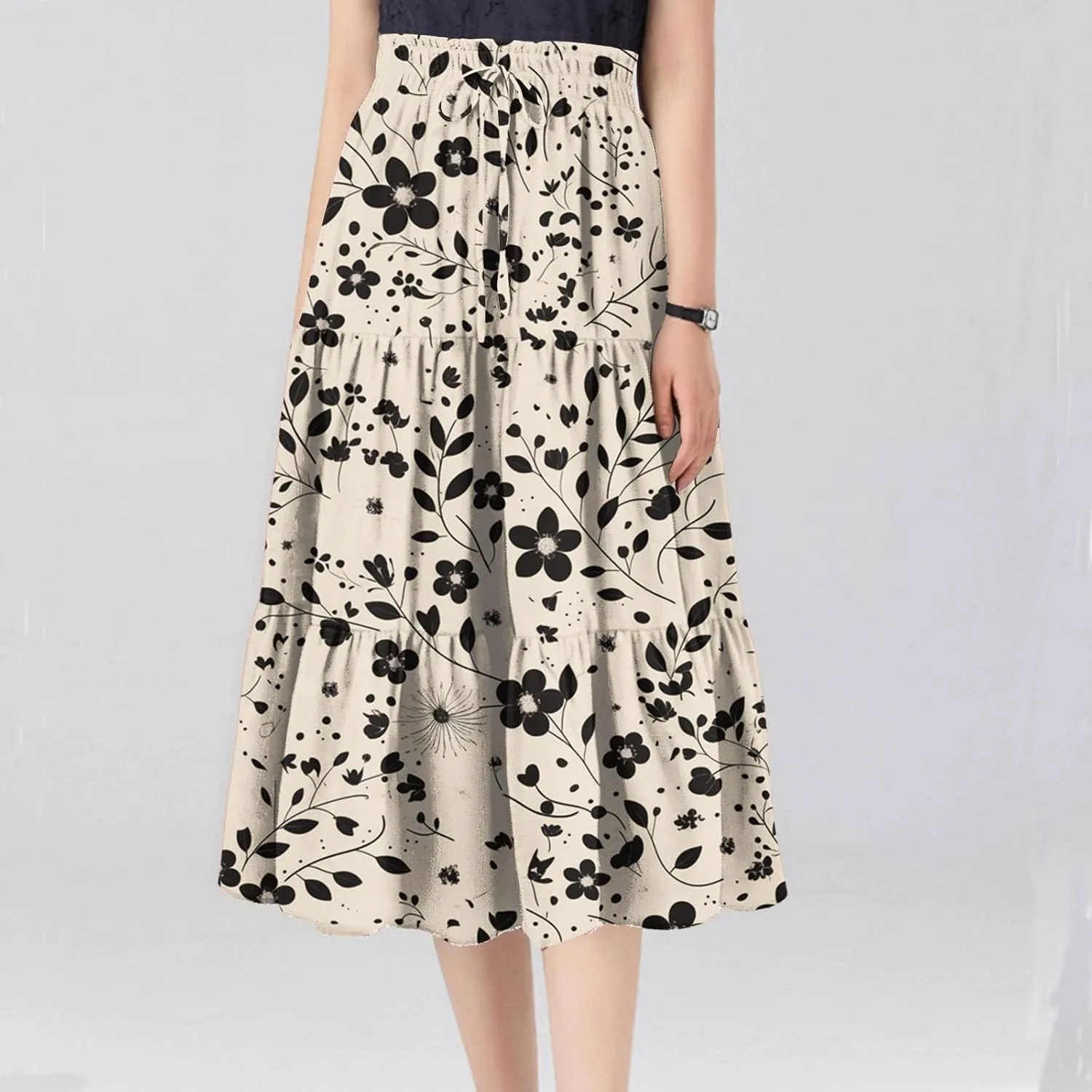 Women's Summer Skirt 2025 Ditzy Floral Print Skirt Boho Stretch High Waist Ruffle Hem Midi Skirts, S-XL