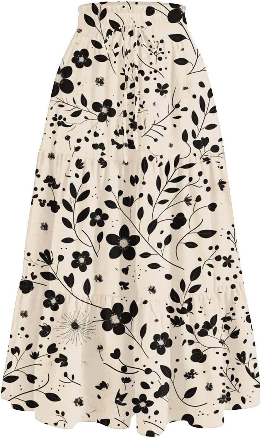 Women's Summer Skirt 2025 Ditzy Floral Print Skirt Boho Stretch High Waist Ruffle Hem Midi Skirts, S-XL